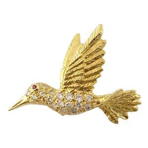 Vintage 18K Yellow Gold Diamond Hummingbird Pin #15020